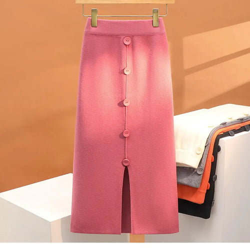 Load image into Gallery viewer, Solid Knit Wrap Hip Skirts Women 2023 Autumn Winter New Fashion Midi Skirt Vintage Casual Elastic High Waist Button Split Skirt
