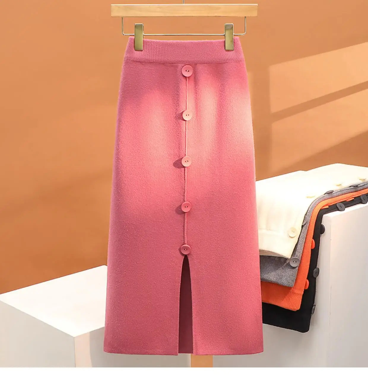 Solid Knit Wrap Hip Skirts Women 2023 Autumn Winter New Fashion Midi Skirt Vintage Casual Elastic High Waist Button Split Skirt
