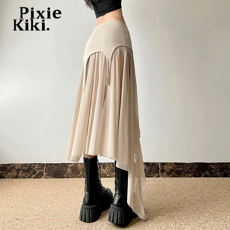 Transparent Mesh Patchwork Irregular A Line Black Skirt Y2k Women Bottom Festival High Waist Long Skirts P94-EZ38