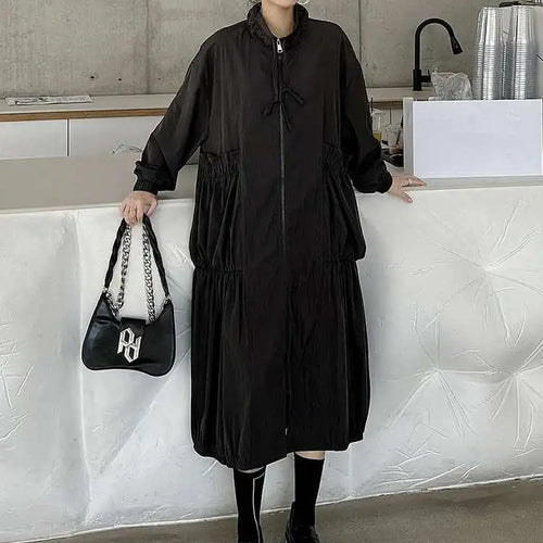 Load image into Gallery viewer, Women Khaki Pleated Big Size Casual Midi Dress New Stand Collar Long Sleeve Fashion Tide Spring Autumn 2025 1DH6824
