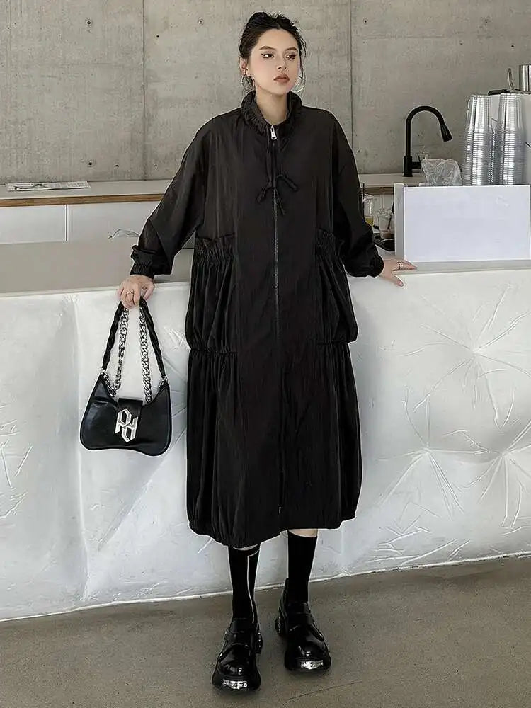 Women Khaki Pleated Big Size Casual Midi Dress New Stand Collar Long Sleeve Fashion Tide Spring Autumn 2025 1DH6824