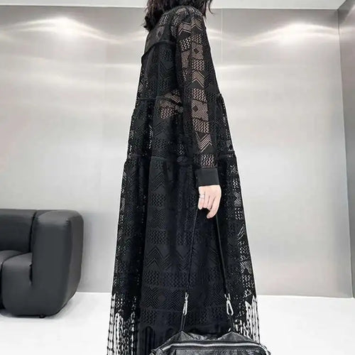 Load image into Gallery viewer, Women Black Lace Jacquard Perspective Big Size Shirt Dress New Lapel Long Sleeve Fashion Tide Spring Autumn 2025 1DH894201
