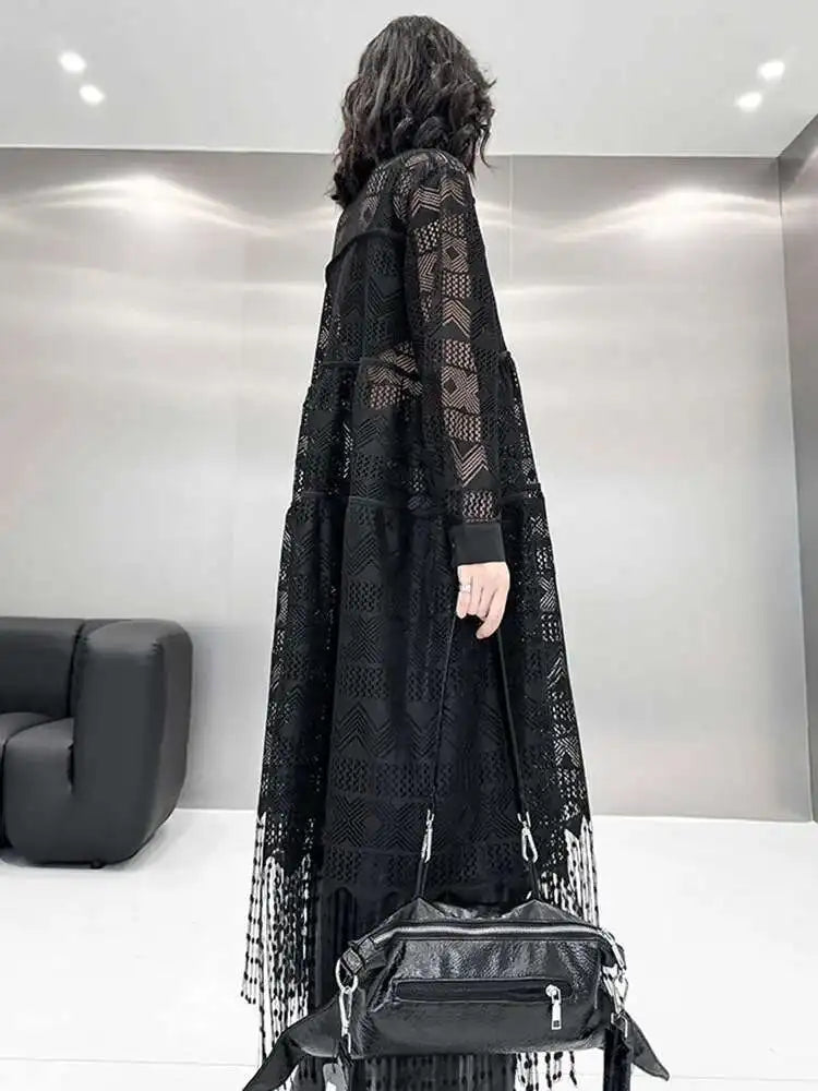 Women Black Lace Jacquard Perspective Big Size Shirt Dress New Lapel Long Sleeve Fashion Tide Spring Autumn 2025 1DH894201