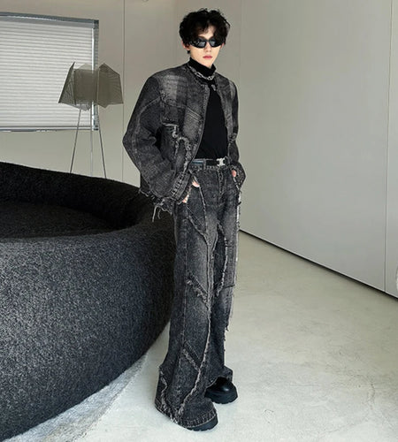 Tie Dye Washed Denim Suit Patchwork Micro Flared Jeans Round Collar Shoulder Pads Jacket 2025 Spring New Fashion 9C8906