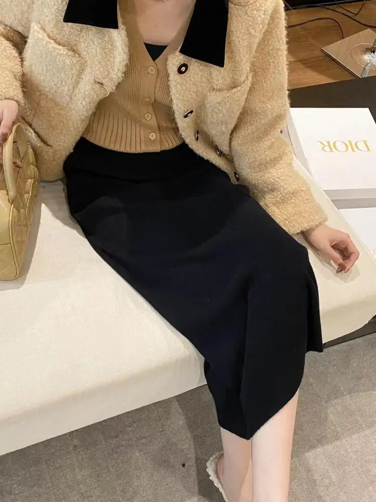 Autumn Winter Korean Fashion Solid Wrapped Hip Knitted Long Skirt Women's 2024 Elegant High Waist Festival Skirt Trendy Ladies