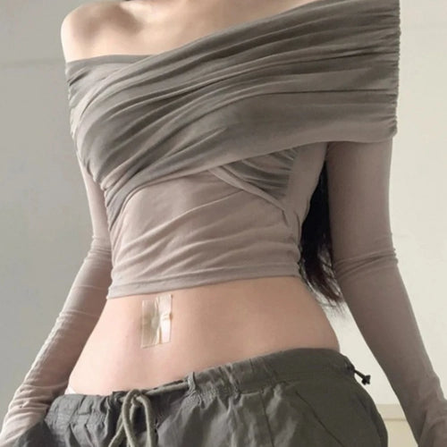 Load image into Gallery viewer, Vintage Slim Women Pleated Long Sleeve T-shirt Sexy Y2k Aesthetic Cross Irregular Tshirts Fashion Hollow Out Trend Chic Crop Top
