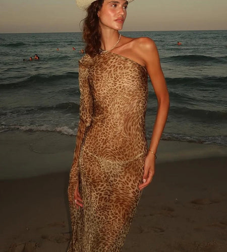One Shoulder Leopard Print Maxi Dress Women Inclined Shoulder Backless Beach Holiday Vacation Club Sexy Long Dress