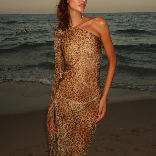 Load image into Gallery viewer, One Shoulder Leopard Print Maxi Dress Women Inclined Shoulder Backless Beach Holiday Vacation Club Sexy Long Dress
