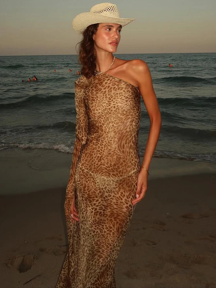 One Shoulder Leopard Print Maxi Dress Women Inclined Shoulder Backless Beach Holiday Vacation Club Sexy Long Dress