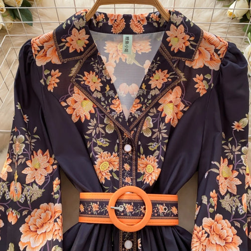 Load image into Gallery viewer, French Vintage Black Blue Flower Elegant High Waist Long Sleeved A Line Dresses Spring Fashion Evening Party Gown Dress Bohemian
