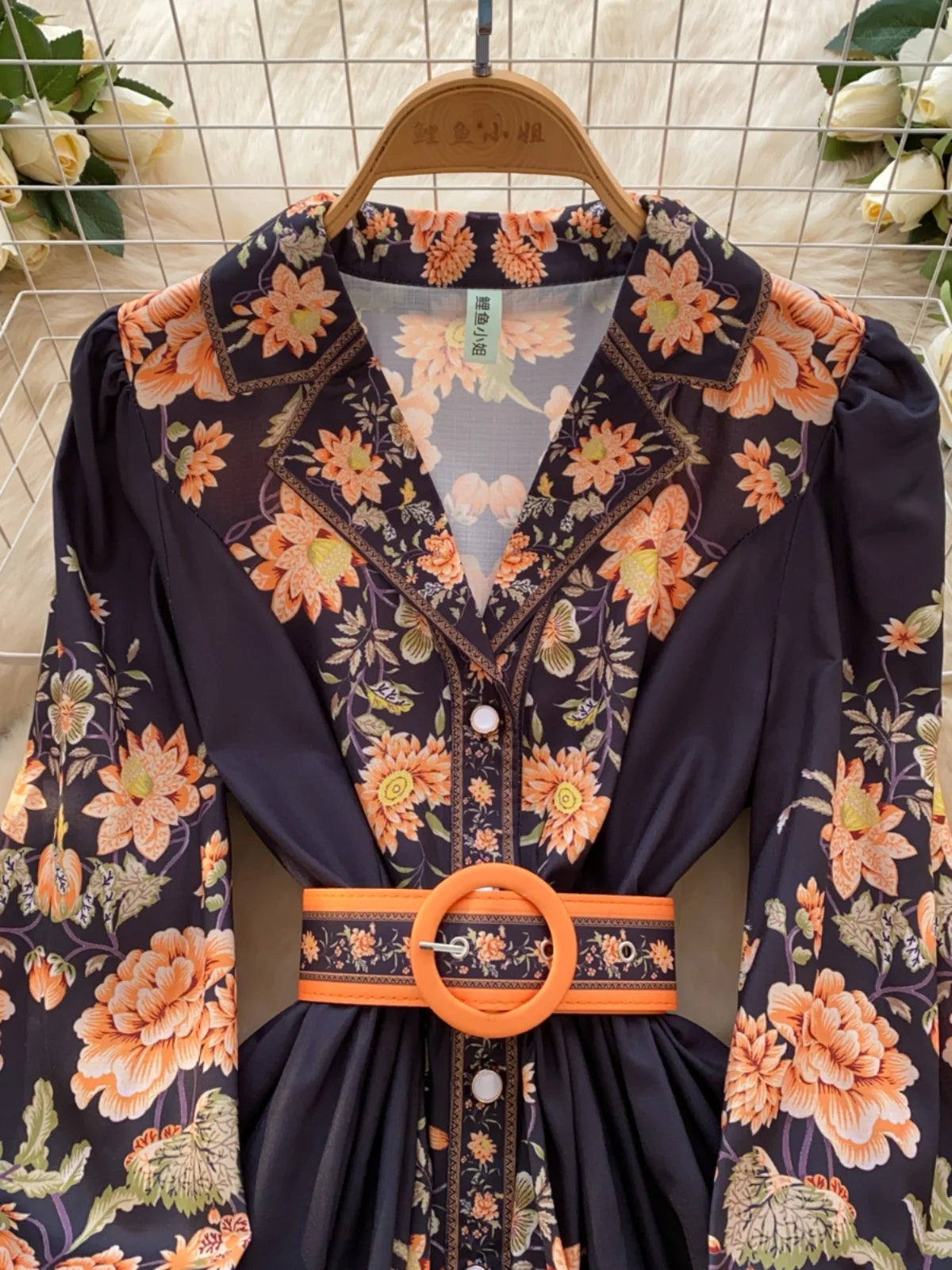 French Vintage Black Blue Flower Elegant High Waist Long Sleeved A Line Dresses Spring Fashion Evening Party Gown Dress Bohemian