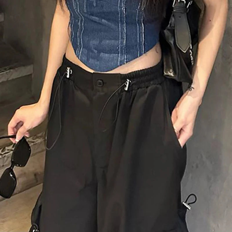 Casual Black Oversized Shirring Cargo Pants Female Big Pockets Low Rise Harajuku Basic Wide Leg Trousers Tech Outfits