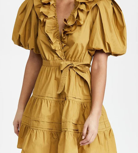 Elegant Patchwork Ruffle Dress For Women V Neck Short Puff Sleeve High Waist Mini Dresses Female Fashion New Clothing 2022