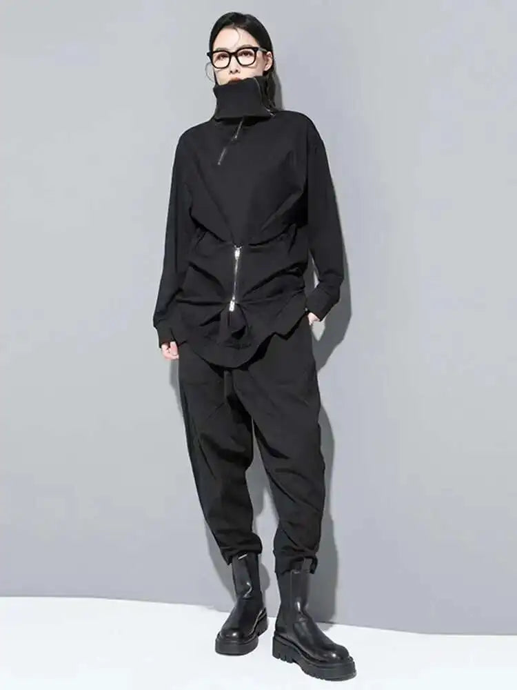 Loose Fit Black Zipper Irregular Sweatshirt New Turtleneck Long Sleeve Women Big Size Fashion Spring Autumn 2025 1DH0576