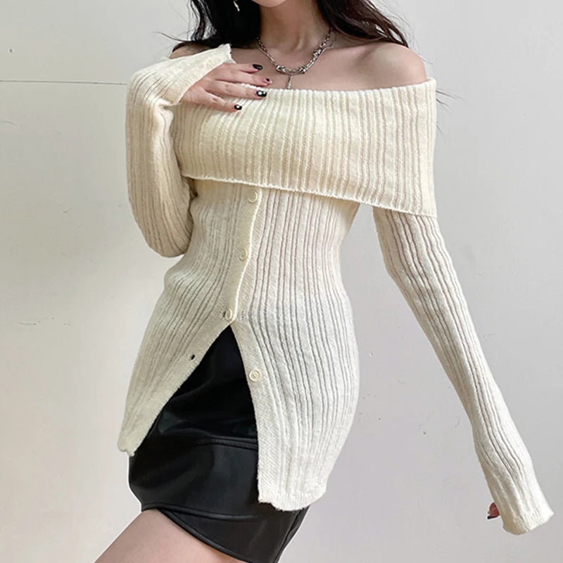 Korean Fashion Off Shoulder Knitted Sweater Women Autumn Buttons Coquette Clothes Basic Knitwears Pullover Outwear