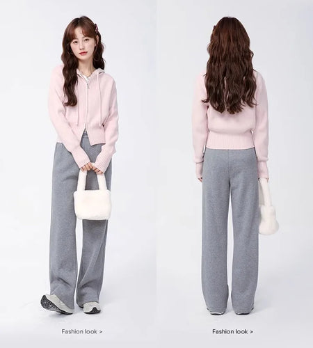 Korean Solid Hooded Double Zipper Cardigan Sweater Women Autumn Winter Long Sleeve Vacation Knitwear Tops Simplicity Streetwear