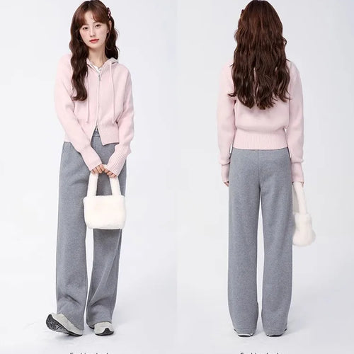 Load image into Gallery viewer, Korean Solid Hooded Double Zipper Cardigan Sweater Women Autumn Winter Long Sleeve Vacation Knitwear Tops Simplicity Streetwear
