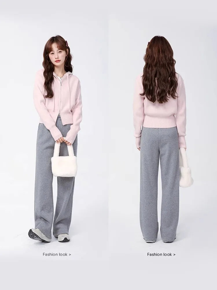 Korean Solid Hooded Double Zipper Cardigan Sweater Women Autumn Winter Long Sleeve Vacation Knitwear Tops Simplicity Streetwear