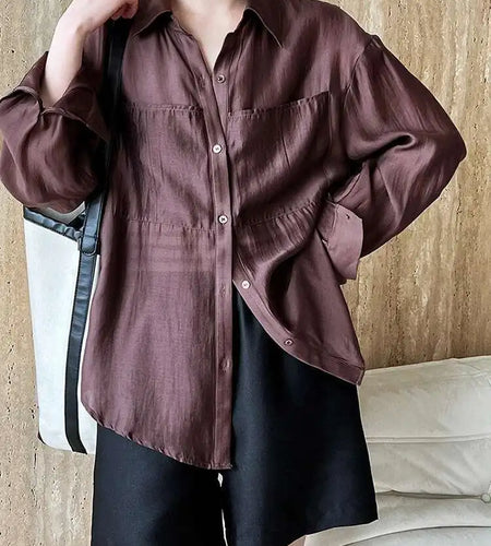 Women Brown Thin Pocket Perspective Big Size Blouse New Lapel Long Sleeve Shirt Fashion Tide Spring Summer 2025 1DH5442
