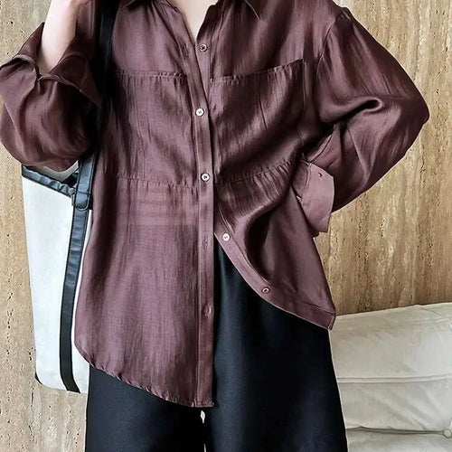 Load image into Gallery viewer, Women Brown Thin Pocket Perspective Big Size Blouse New Lapel Long Sleeve Shirt Fashion Tide Spring Summer 2025 1DH5442
