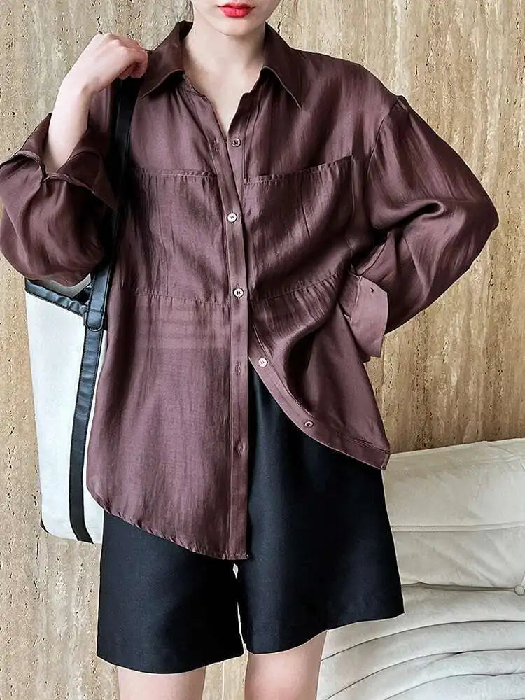 Women Brown Thin Pocket Perspective Big Size Blouse New Lapel Long Sleeve Shirt Fashion Tide Spring Summer 2025 1DH5442