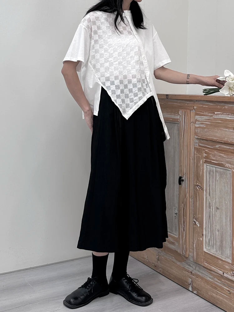 Women White  Plaid Irregular Hem Big Size T-shirt New Round Neck Short Sleeve Fashion Tide Spring Summer 2025 1DJ1674