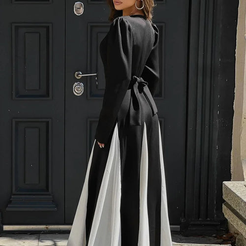 Load image into Gallery viewer, Patchwork Long Sleeve Maxi Dress For Women Autumn Winter New O Neck Color Contrast Lace-up Elegant Long Dress Fashion
