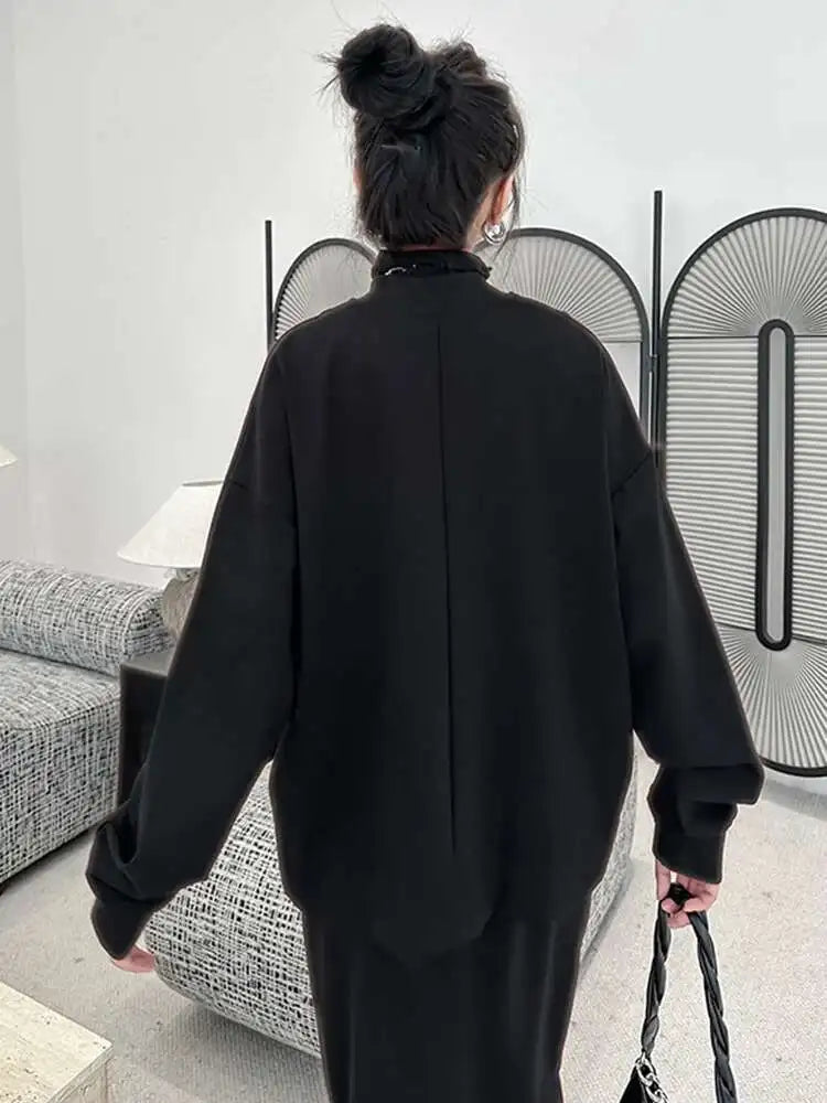 Black Irregular Hem Big Size Jacket New Stand Collar Long Sleeve Women Coat Fashion Tide Spring Autumn 2025 1DH1050