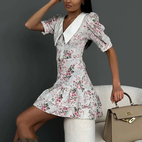 Load image into Gallery viewer, Short Sleeve Floral Mini Dress For Women Robe Turn-down Collar Elegant French Dress Ladies Fashion High Waist Dresses
