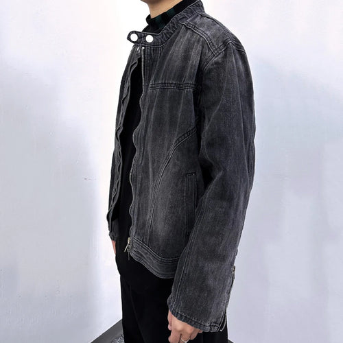 Load image into Gallery viewer, Men&#39;s Denim Jakects Collarless Design Washed Streetwear Worn-out Niche Motorcycle Zipper Trendy Male Clothing New 9W1830
