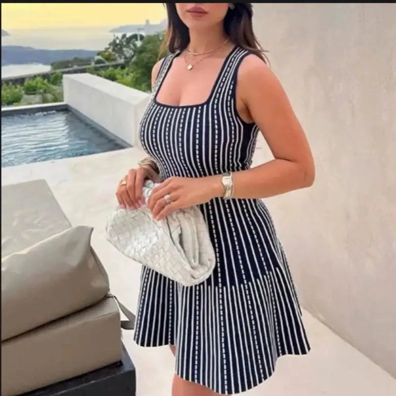 Korean Fashion Summer Striped Elegant Square Neck Slim Vest Short Dresses For Women Sleeveless Sexy Mini Dress 2025 Casual Trend