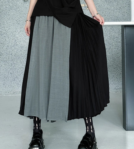 High Elastic Waist Gray Color-block Pleated Wide Leg Pants New Trousers Women Fashion Tide Spring Autumn 2025 1DJ1336