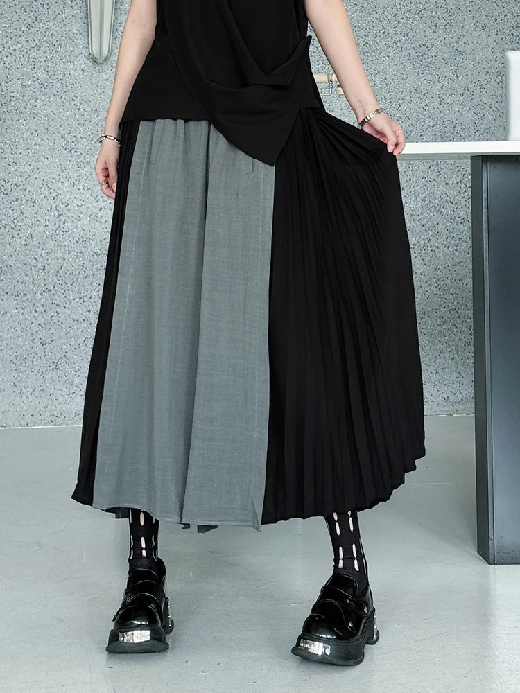 High Elastic Waist Gray Color-block Pleated Wide Leg Pants New Trousers Women Fashion Tide Spring Autumn 2025 1DJ1336