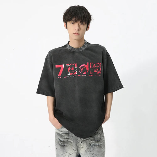 Load image into Gallery viewer, Men&#39;s Short Sleeves T-shirt Vintage Wash Creative Printed Round Collar Korean Style Casual Loose Male Top 9C5722
