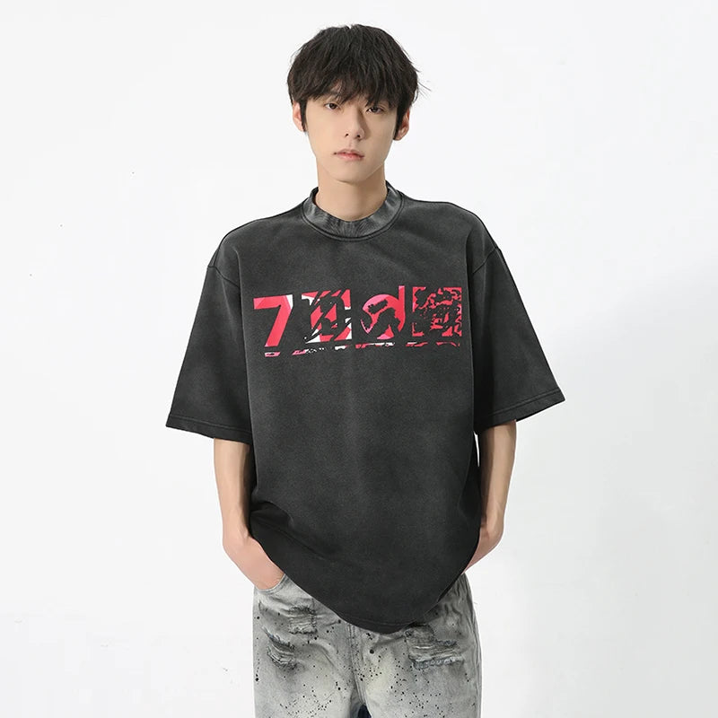 Men's Short Sleeves T-shirt Vintage Wash Creative Printed Round Collar Korean Style Casual Loose Male Top 9C5722