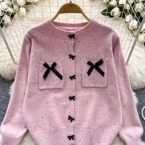 Load image into Gallery viewer, Autumn Winter Women Sweet Red Pink Elegant Round Neck Knit Tops Vintage White Single Breasted Long Sleeve Bow Sweater 2024 Trend

