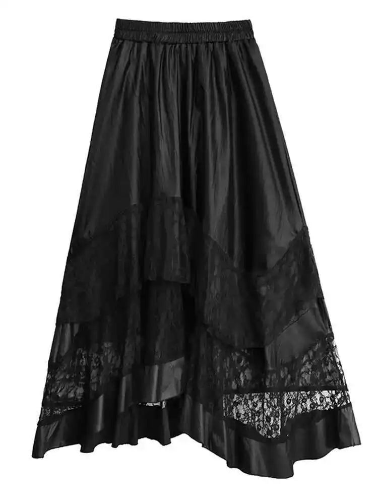 High Elastic Waist Black Pu Leather Lace Hem Casual Half-body Skirt Women Fashion Tide New Spring Autumn 2025 1DH7283