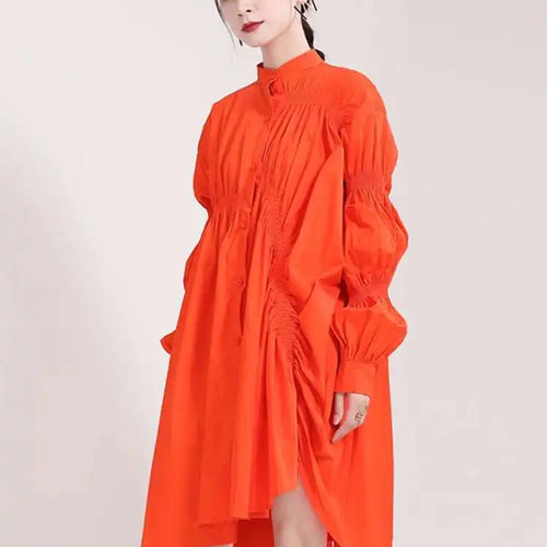 Load image into Gallery viewer, Women Blue Irregular Pleated Big Hem Shirt Dress New Stand Neck Long Sleeve Loose Fashion Tide Spring Autumn 2025 1DF9549
