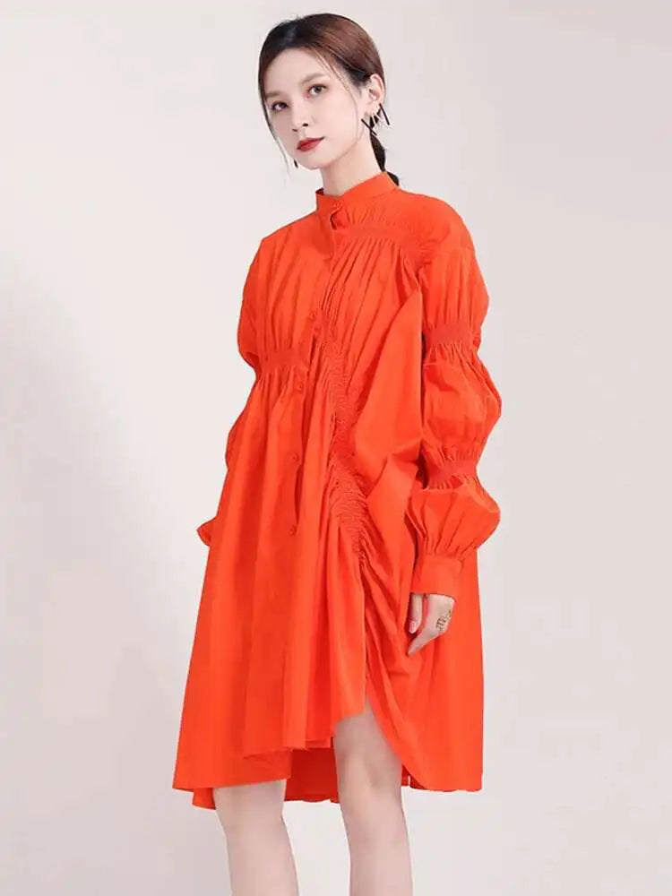 Women Blue Irregular Pleated Big Hem Shirt Dress New Stand Neck Long Sleeve Loose Fashion Tide Spring Autumn 2025 1DF9549