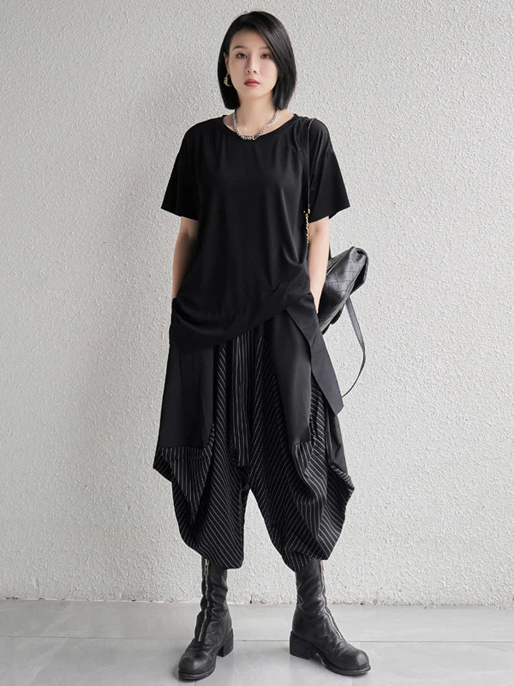 High Elastic Waist Black Striped Spliced Harem Trousers New Loose Fit Pants Women Fashion Tide Spring Summer 2025 1DE0542