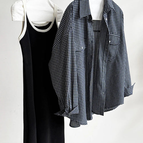 Load image into Gallery viewer, Women Black Plaid Pocket Vintage Big Size Casual Blouse New Lapel Long Sleeve Shirt Fashion Spring Autumn 2025 1DJ1048
