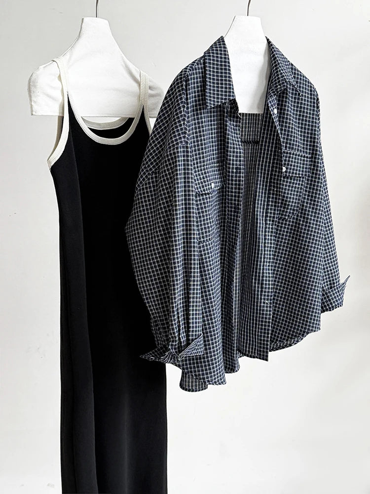 Women Black Plaid Pocket Vintage Big Size Casual Blouse New Lapel Long Sleeve Shirt Fashion Spring Autumn 2025 1DJ1048