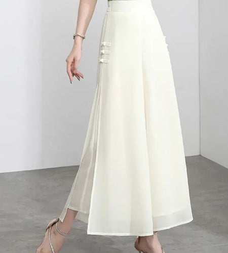 Women Side Slit Chiffon Pants Summer Thin Elastic Waist Wide Leg Pants Chic Droop Trousers Chinese Style Nine Point Pants