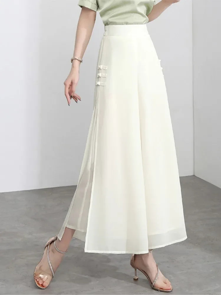 Women Side Slit Chiffon Pants Summer Thin Elastic Waist Wide Leg Pants Chic Droop Trousers Chinese Style Nine Point Pants