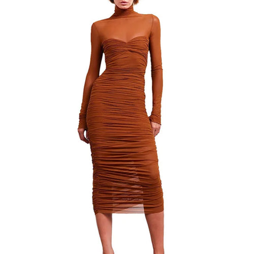 Load image into Gallery viewer, Elegant Mesh Patchwork Elastic Dress Women 2025 New Winter Solid Color High Neck Long Sleeve Sexy Perspective Vestido
