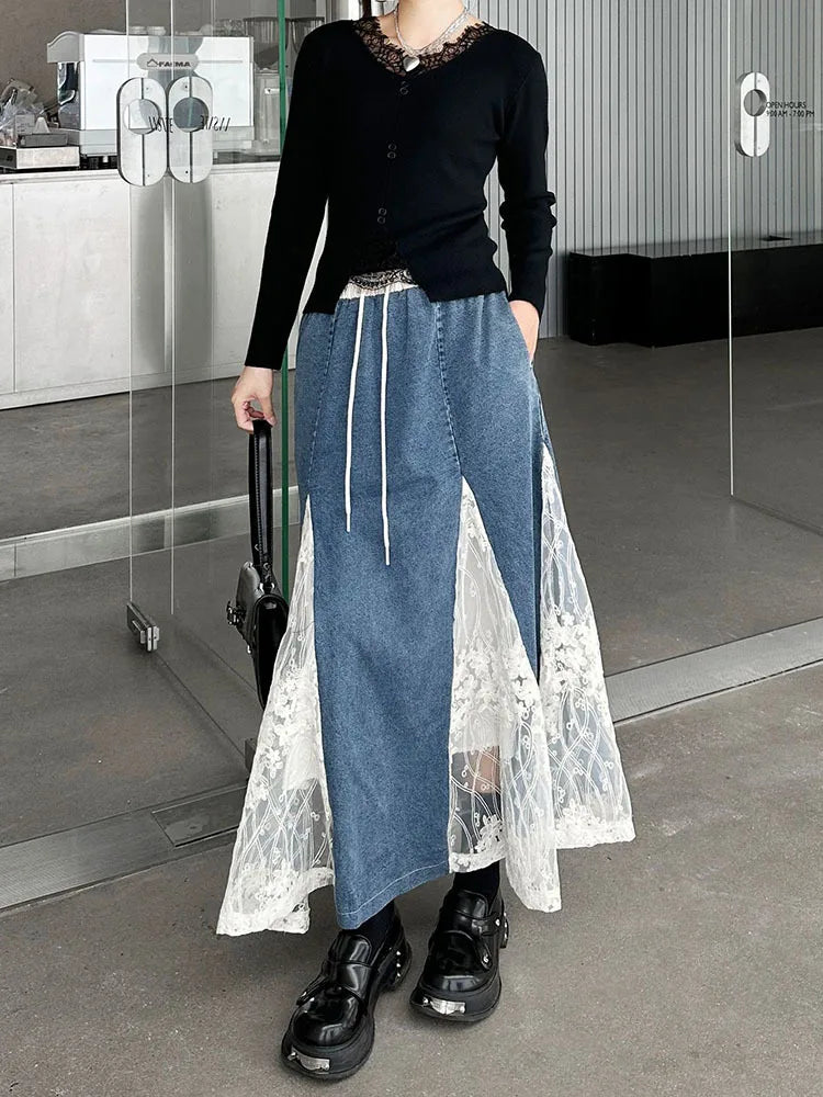 High Elastic Waist Apricot Blue Denim Lace Mermaid Half-body Skirt Women Fashion Tide New Spring Autumn 2025 1DH8648