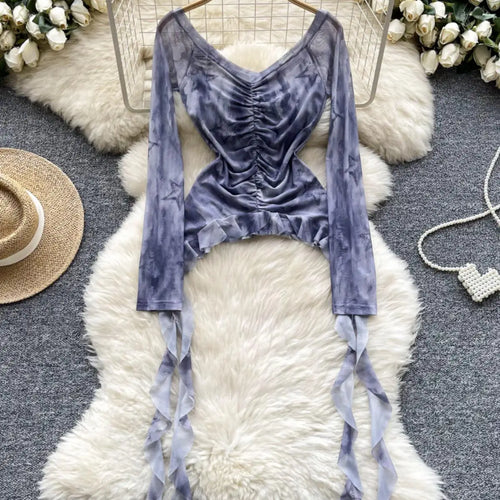 Load image into Gallery viewer, Vintage 2024 Autumn New Fashion Print Ruffle Edge Mesh Tops Korean Women's V Neck Slim Long Sleeved Asymmetrical Pleated T-shirt
