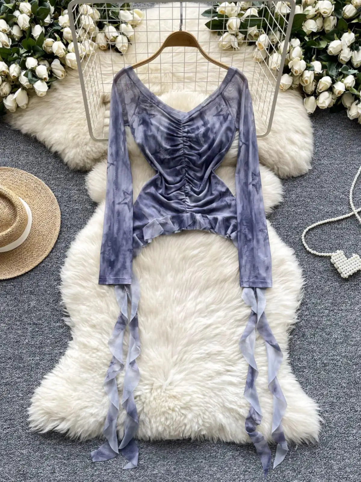 Vintage 2024 Autumn New Fashion Print Ruffle Edge Mesh Tops Korean Women's V Neck Slim Long Sleeved Asymmetrical Pleated T-shirt