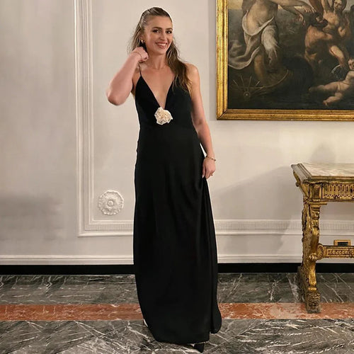 Load image into Gallery viewer, Deep V Neck Tie Flower Backless Maxi Dress Women New Spaghetti Strap Sleeveless Long Dress Elegant Sexy Club Slipdress
