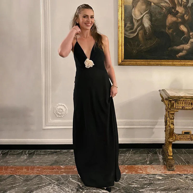 Deep V Neck Tie Flower Backless Maxi Dress Women New Spaghetti Strap Sleeveless Long Dress Elegant Sexy Club Slipdress